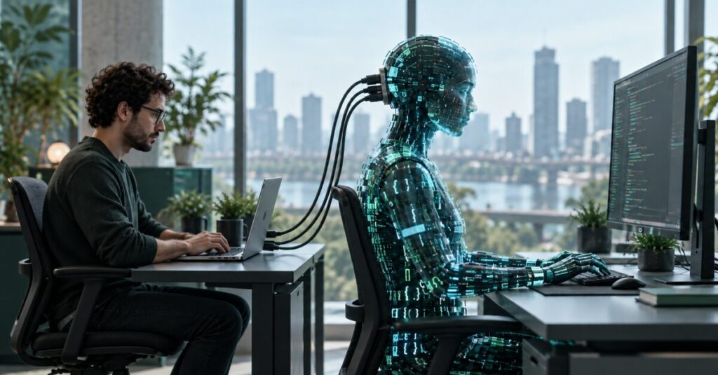 Human sitting behind a robot