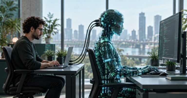 Human sitting behind a robot