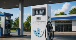 gas pump with playwright logo