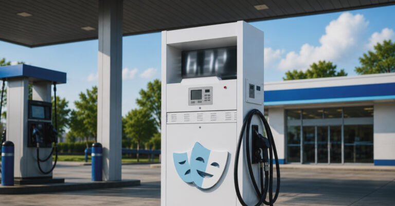 gas pump with playwright logo