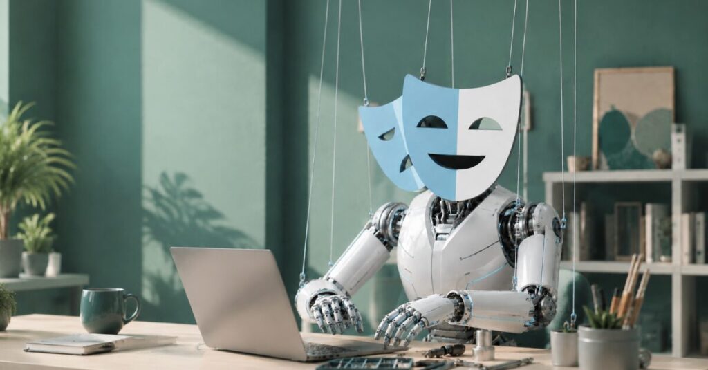 Playwright masks on a robot body working at a computer