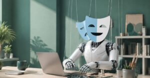 Playwright masks on a robot body working at a computer