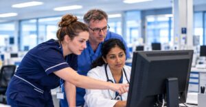 Clinicians and hospital workers gathered around a computer
